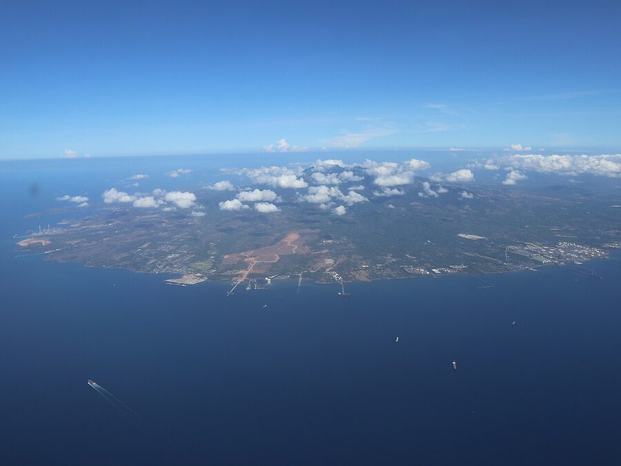 Bataan Peninsula aerial view with Mount Mariveles rising over the coast