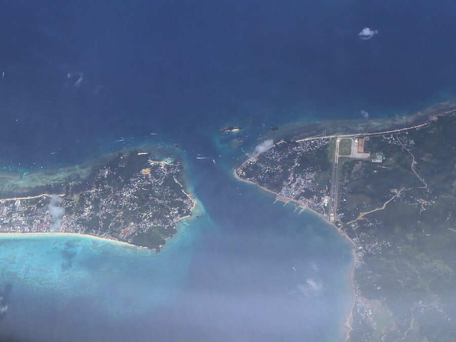 Aerial view of Boracay and Caticlan with the airport runway visible