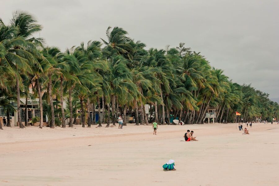 Boracay White Beach with rows of palm trees and people on sand