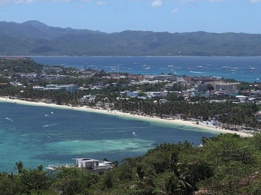 Aerial view of Bulabog Beach Boracay with kite surfing