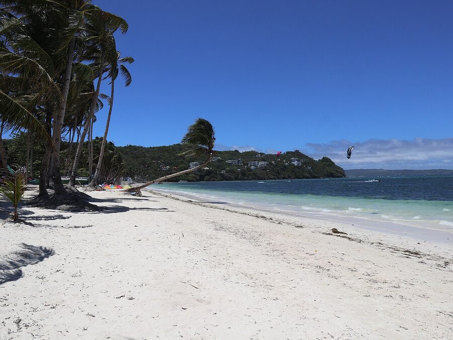 Bulabog Beach Boracay with kitesurfing kite in the air