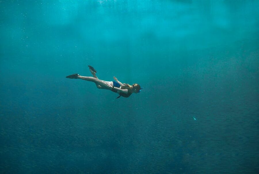 Snorkeller swimming through sardine school underwater