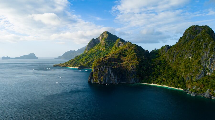 Aerial view of the El Nido coastline showing the town and bay