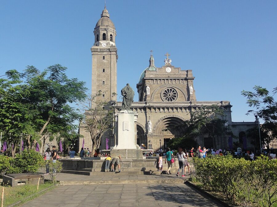 Manila Cathedral bell tower and dome viewed from Plaza Roma