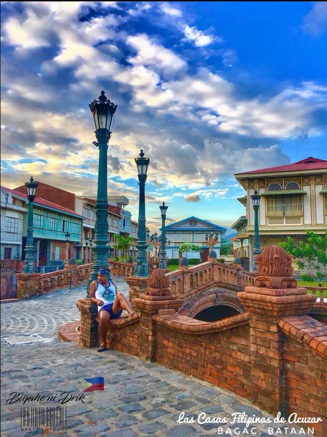 Las Casas Filipinas de Acuzar heritage village from above with the river running through it