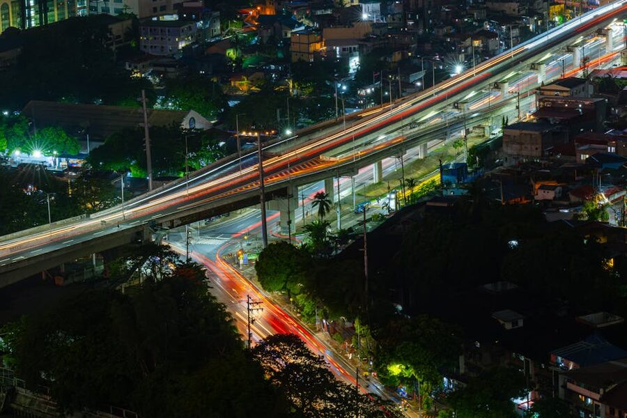 Aerial view of Makati streets at night with car-light streaks
