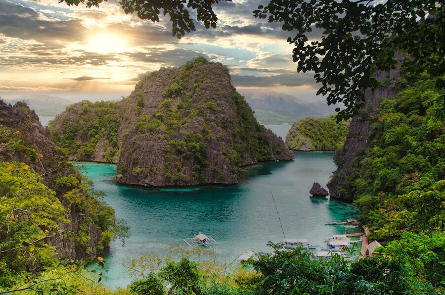 Coron Bay aerial view of limestone karsts and turquoise lagoons in Palawan, Philippines