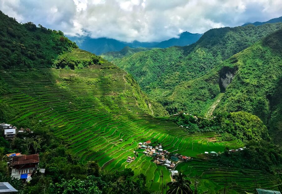 Banaue rice terraces with green slopes in Cordillera mountains Philippines