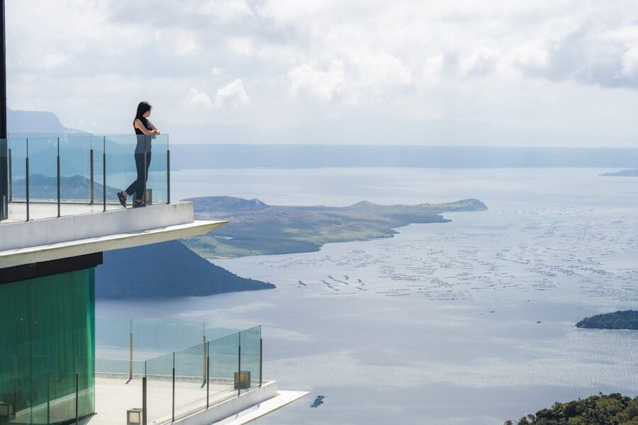 Glass-edge cafe terrace overlooking Taal Lake and Volcano in Tagaytay, Philippines
