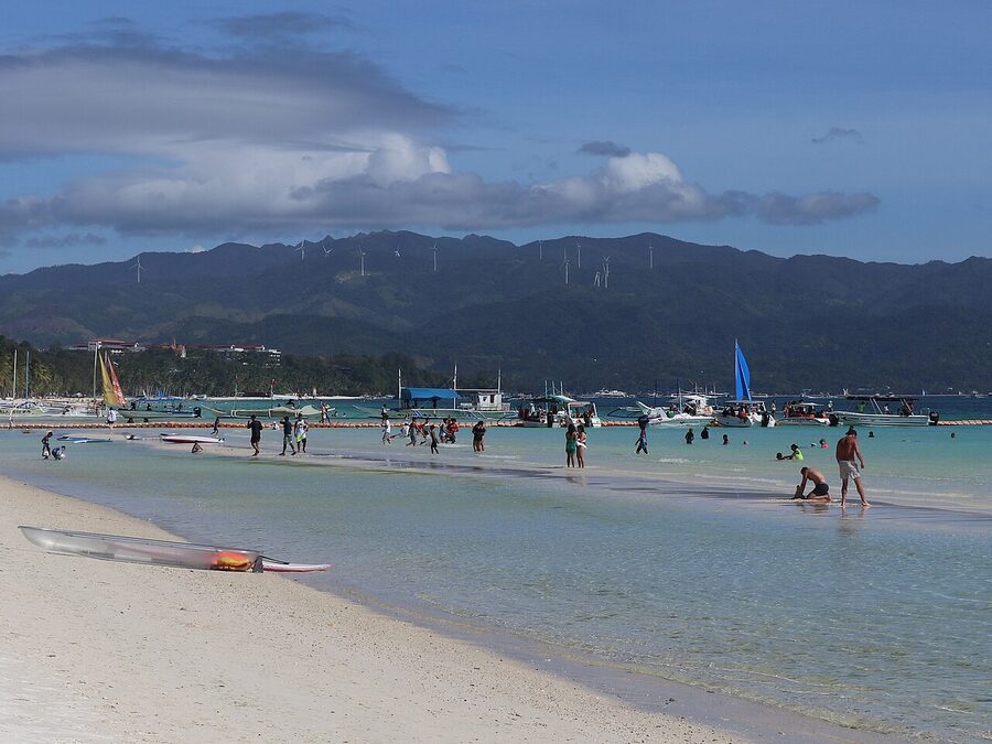 Boracay White Beach Station 1 looking south with Caticlan mountains in the distance
